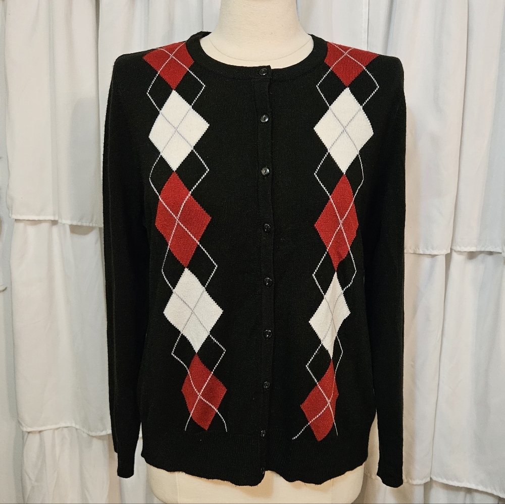 Black/red and White Argyle Cardigan/Sweater